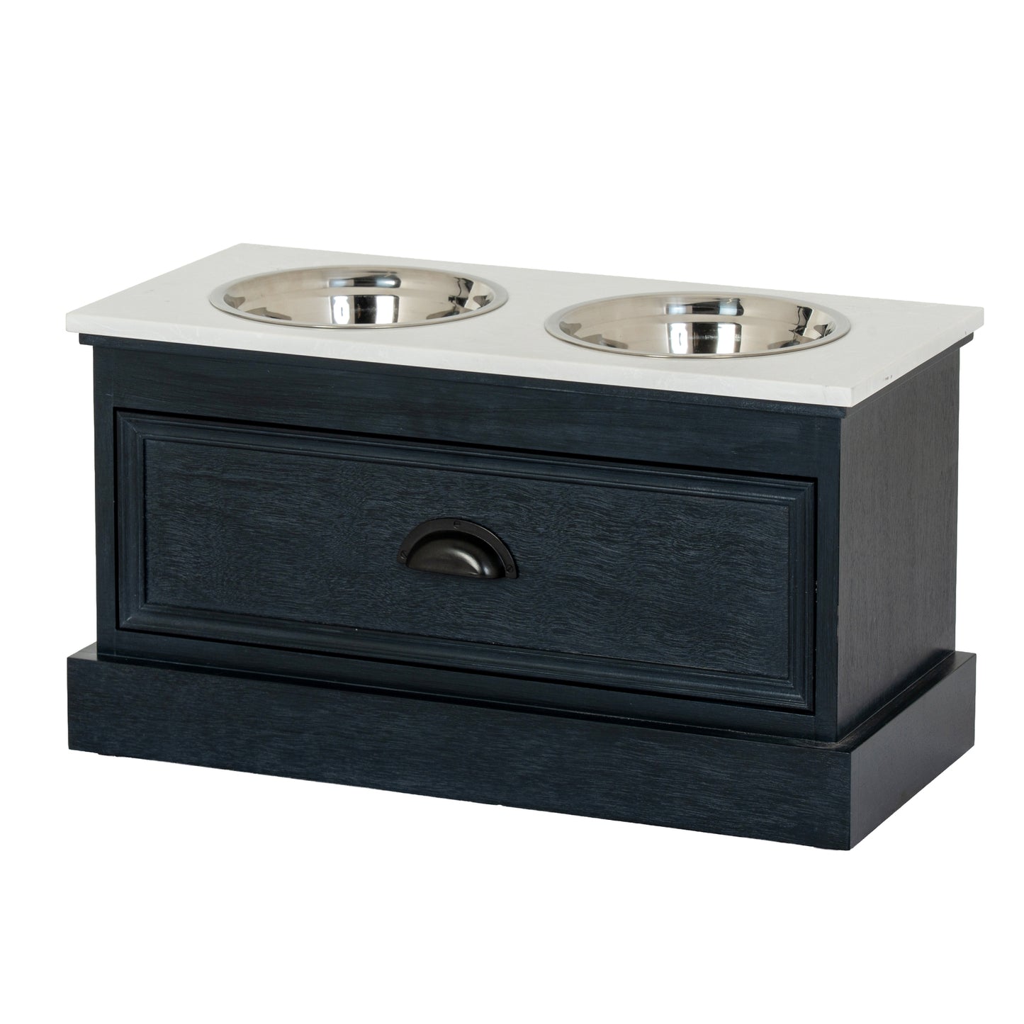 Black pet feeder with two stainless steel bowls on a white background