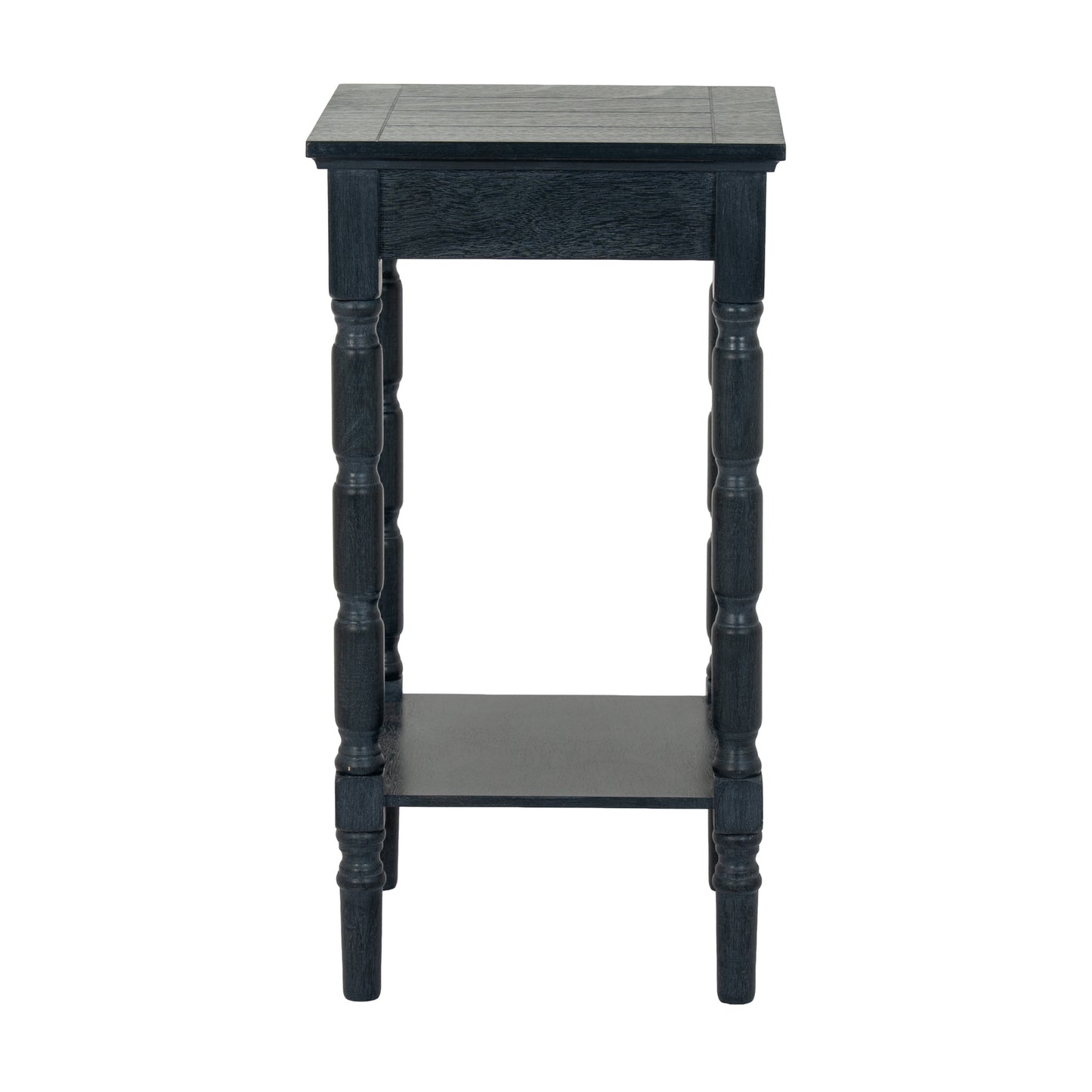 Black wooden side table with a square top on a white background