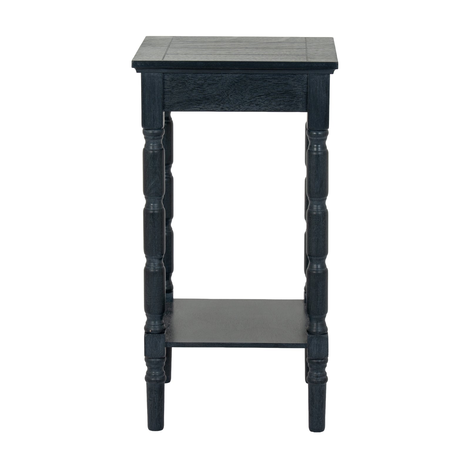 Black wooden side table with a square top on a white background