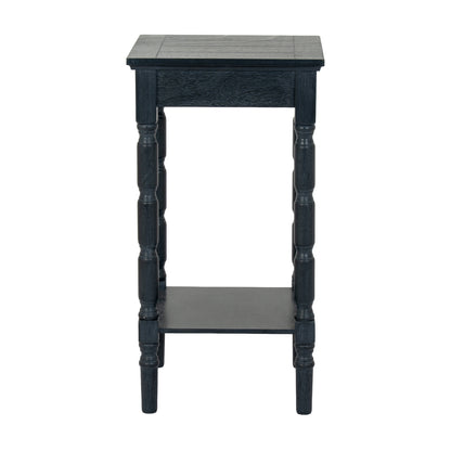 Black wooden side table with a square top on a white background
