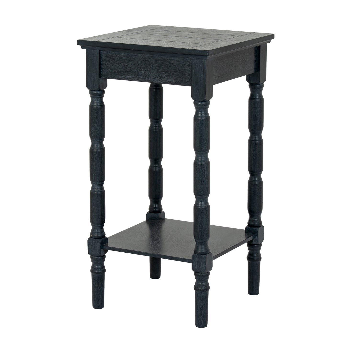 Black wooden side table with a square top and shelf on a white background