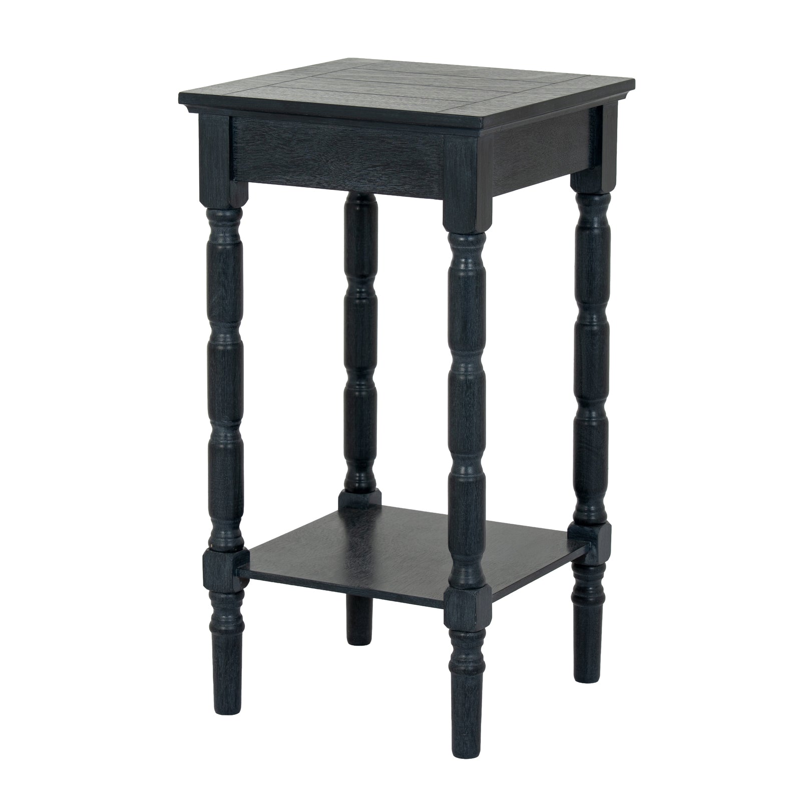 Black wooden side table with a square top and shelf on a white background