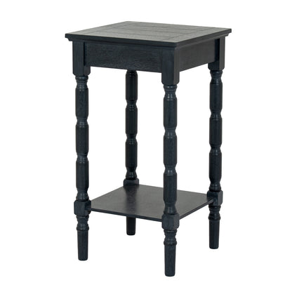 Black wooden side table with a square top and shelf on a white background