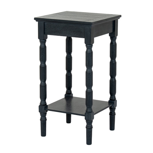 Black wooden side table with a square top and shelf on a white background
