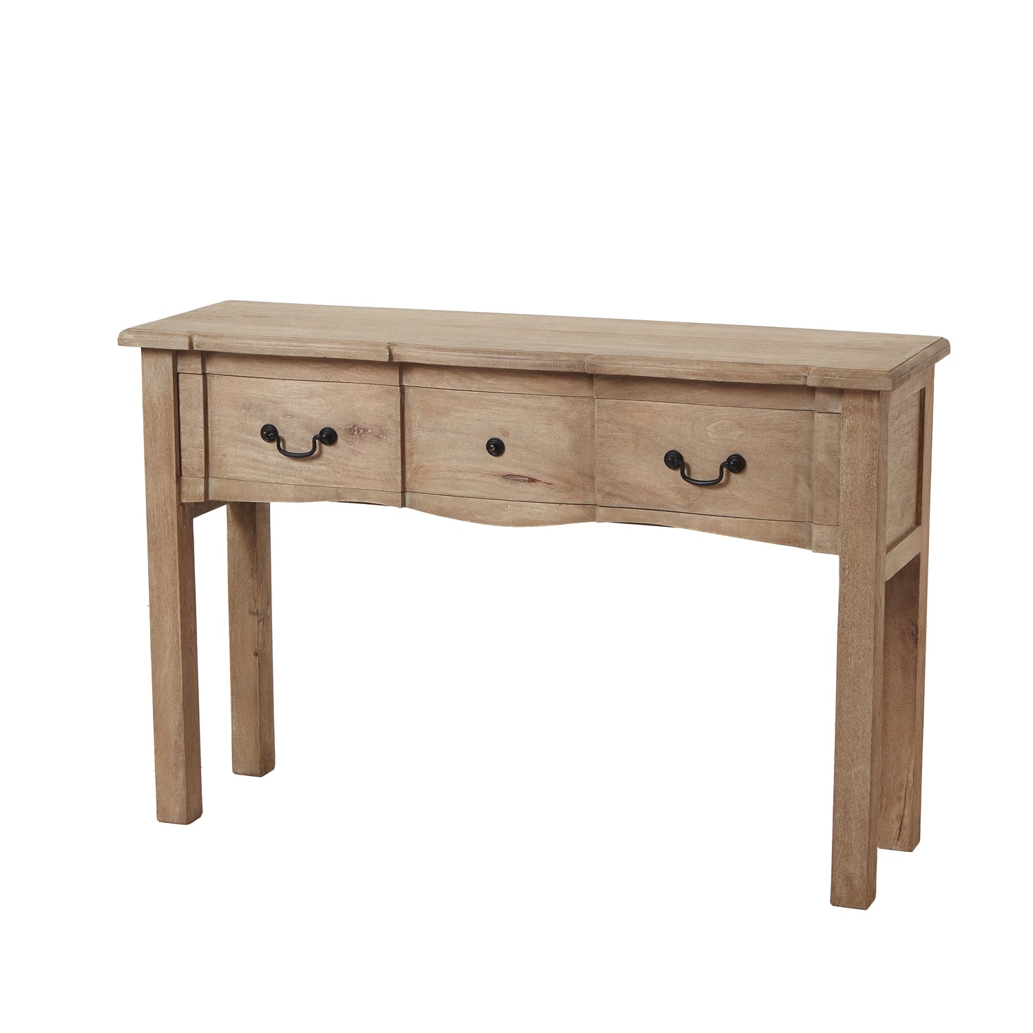 Wooden console table with two drawers on a white background