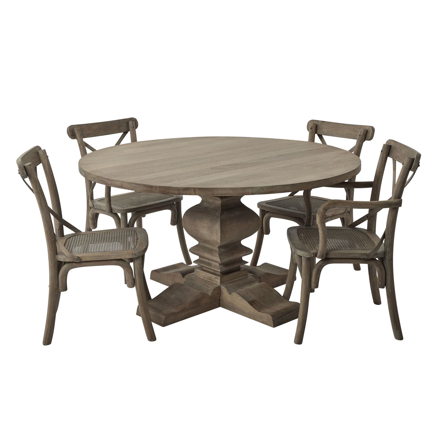 Round wooden dining table with four matching chairs on a white background