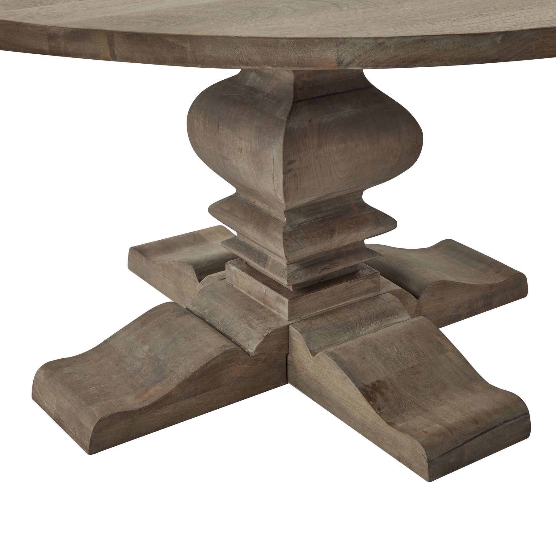 Wooden dining table with a detailed pedestal base on a white background