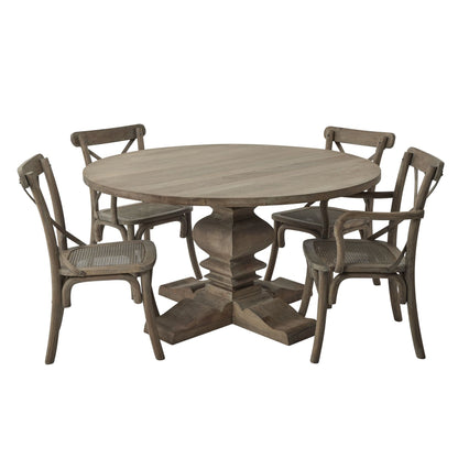 Round wooden dining table with four matching chairs on a white background