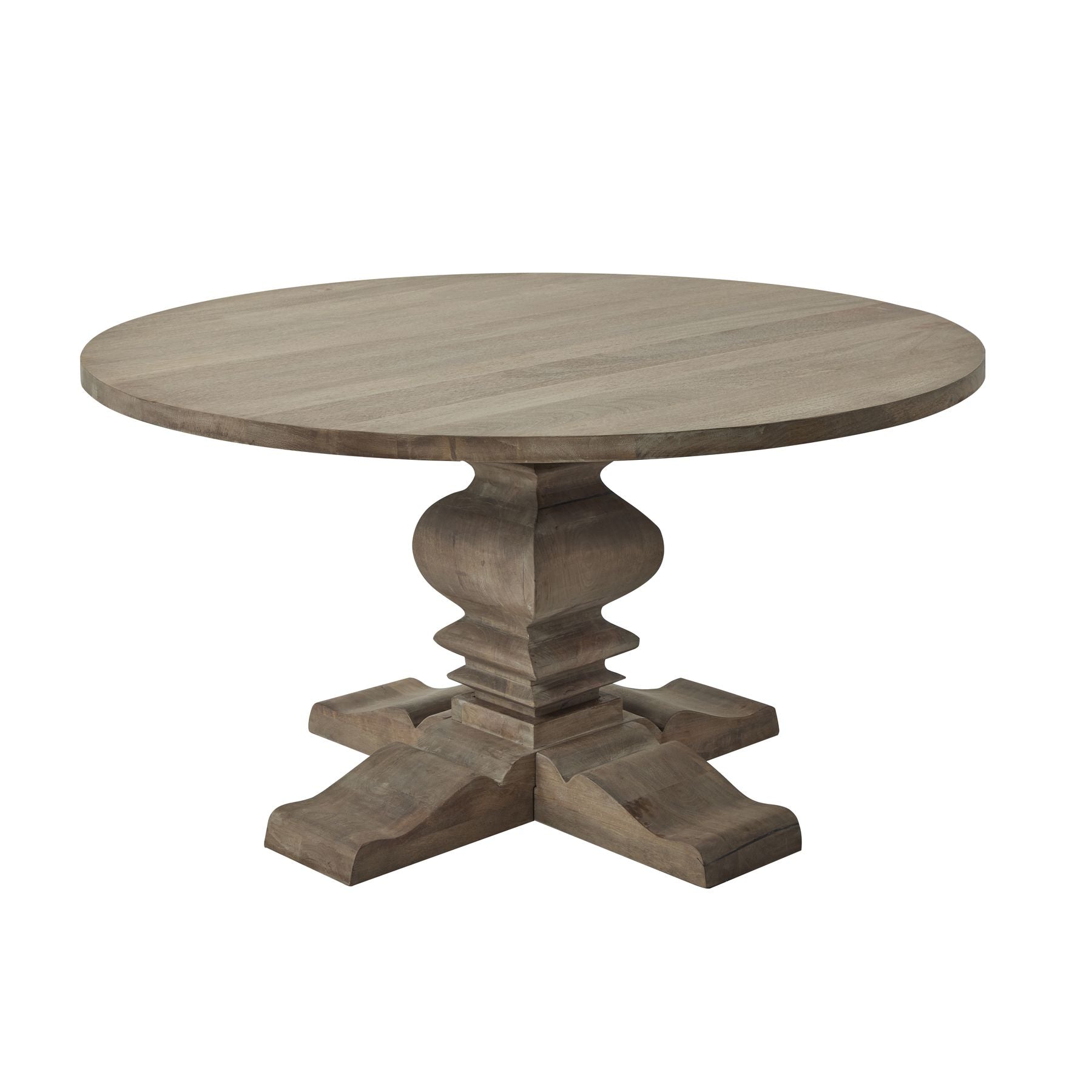 Round wooden table with a detailed pedestal base on a white background