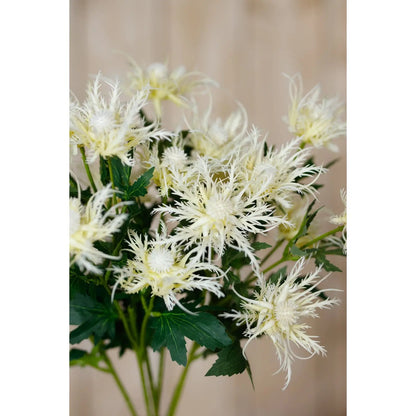 Close-up of a bouquet of white flowers with green leaves on a blurred background