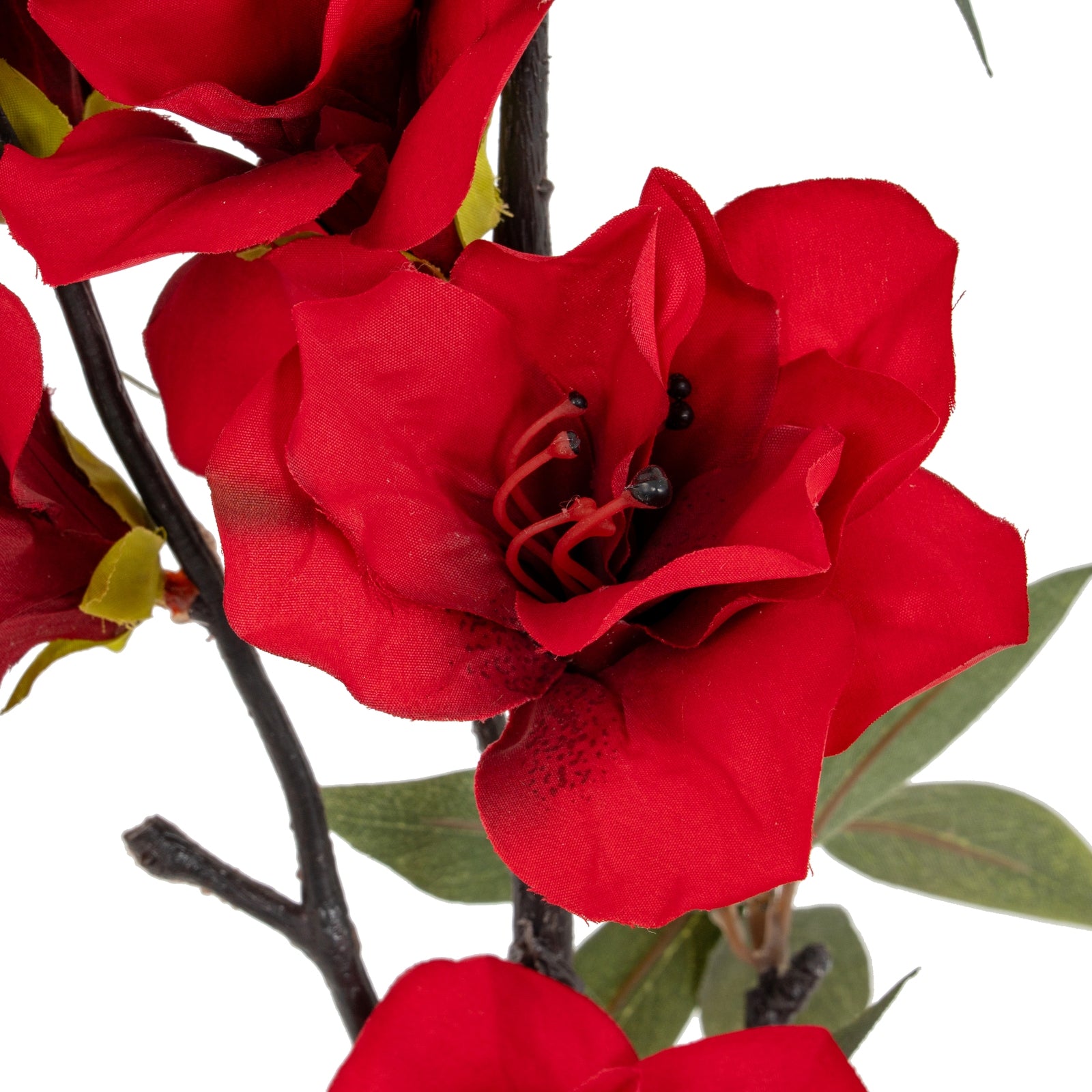 Close-up of red artificial flowers on a white background