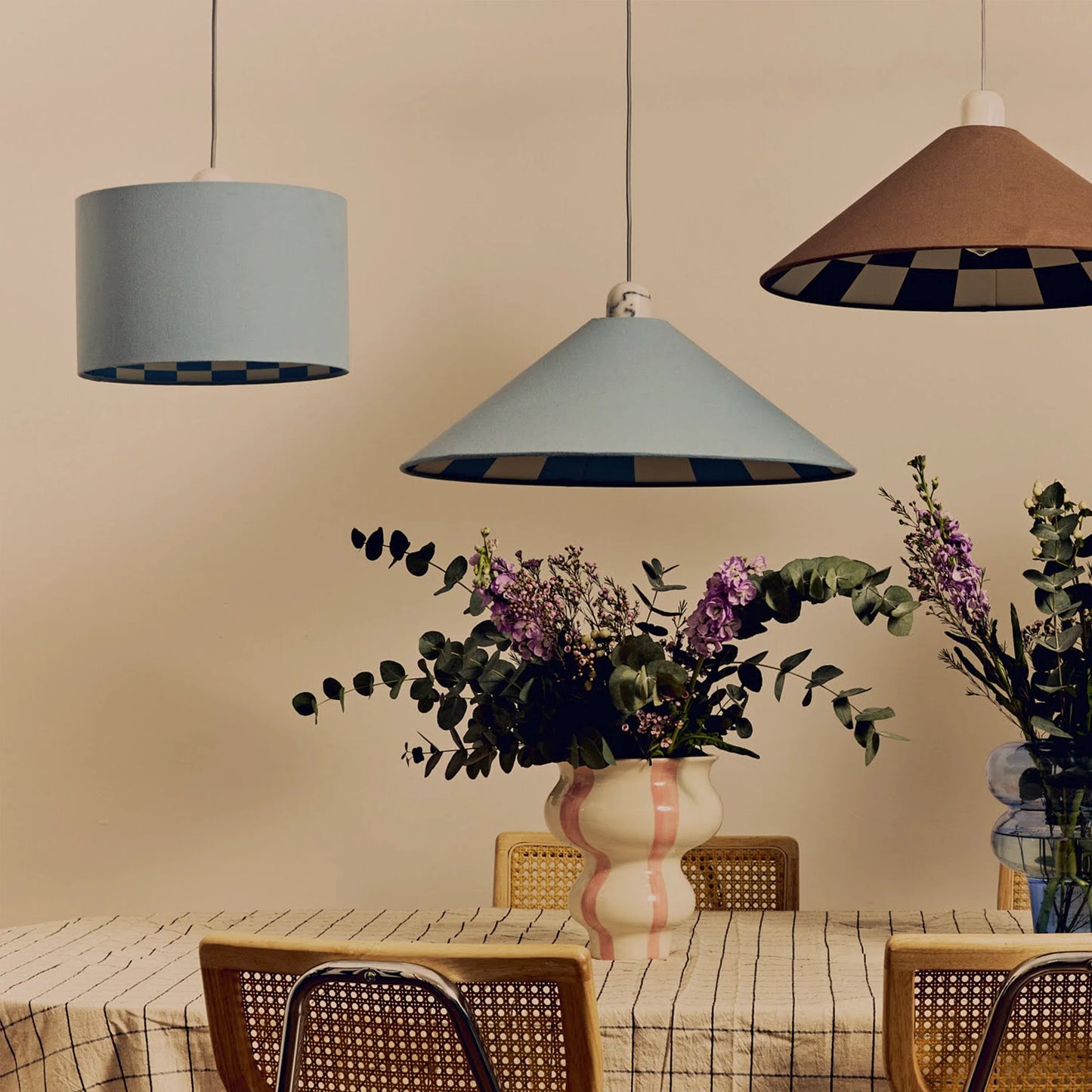 Damson blue check lined drum shade - BlissVeranda
