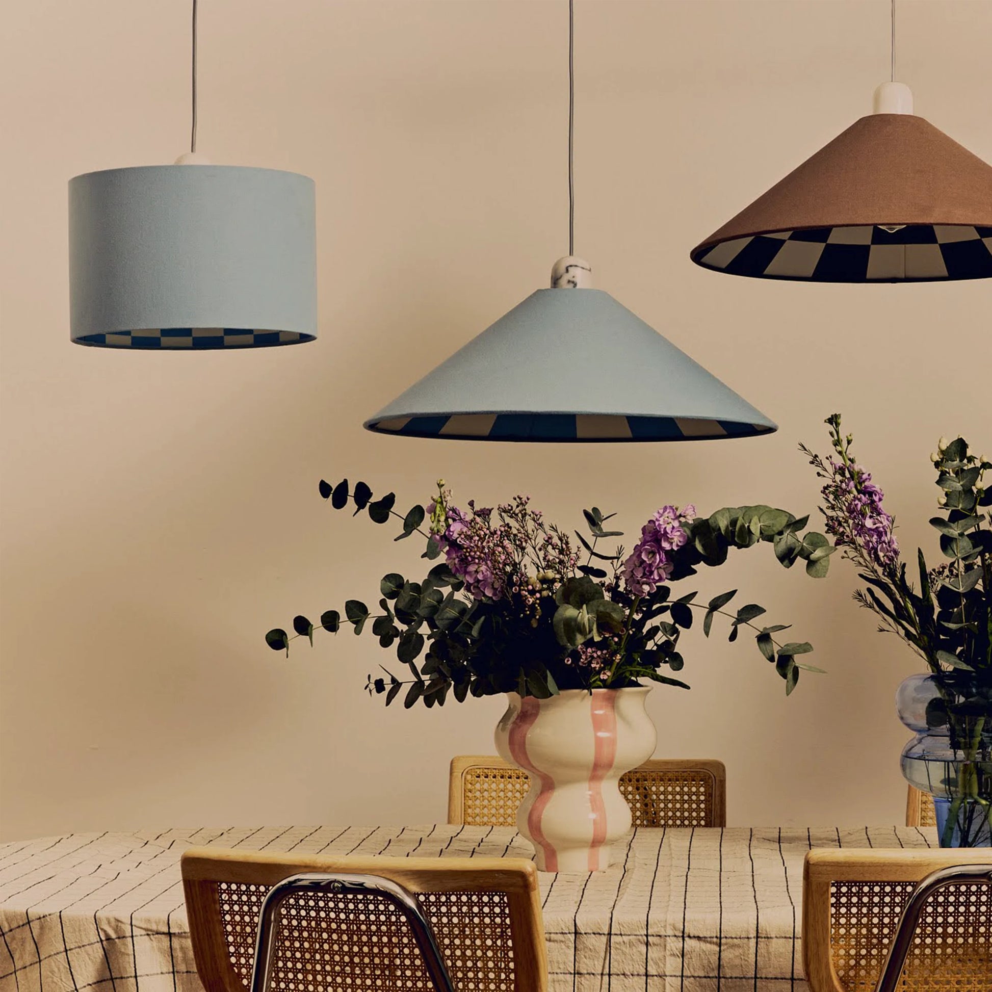 Damson blue check lined drum shade - BlissVeranda