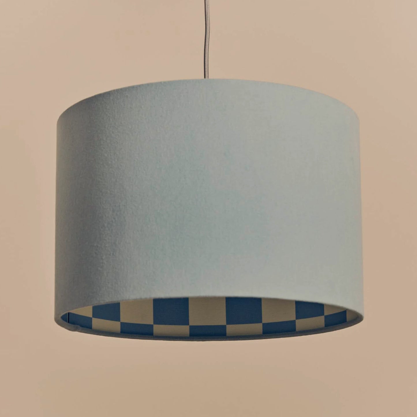 Damson blue check lined drum shade - BlissVeranda