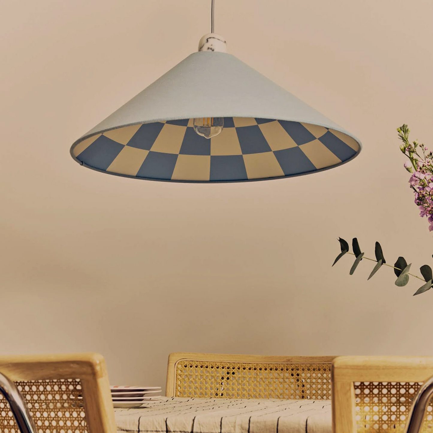 Damson blue check lined cone shade - BlissVeranda