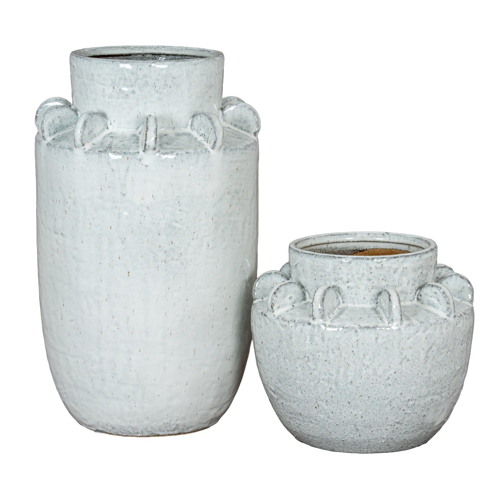 Two white ceramic vases with textured surface and decorative handles on a white background