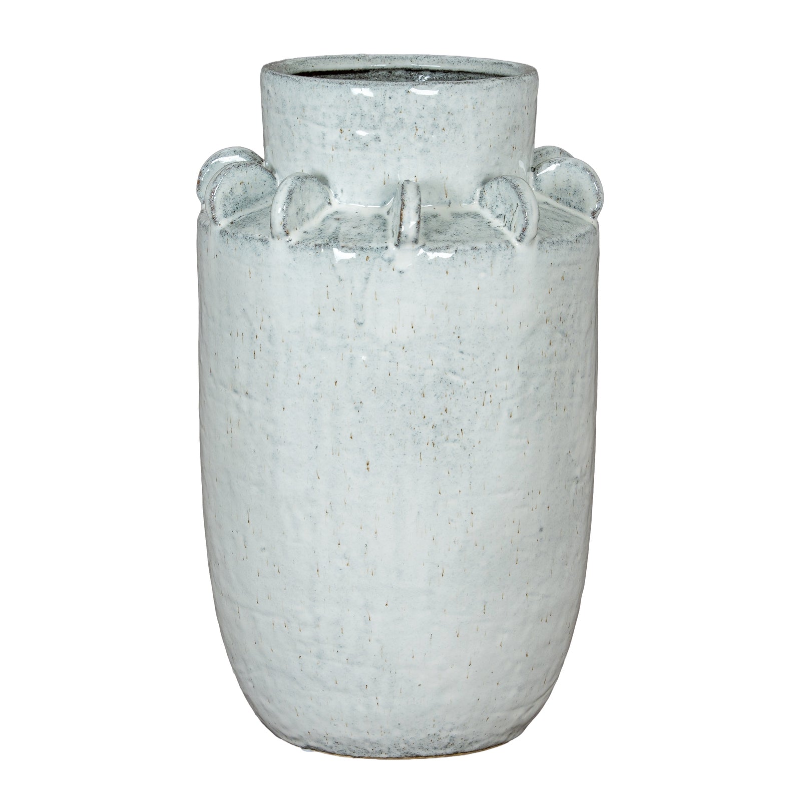 White textured vase with four handles on a white background