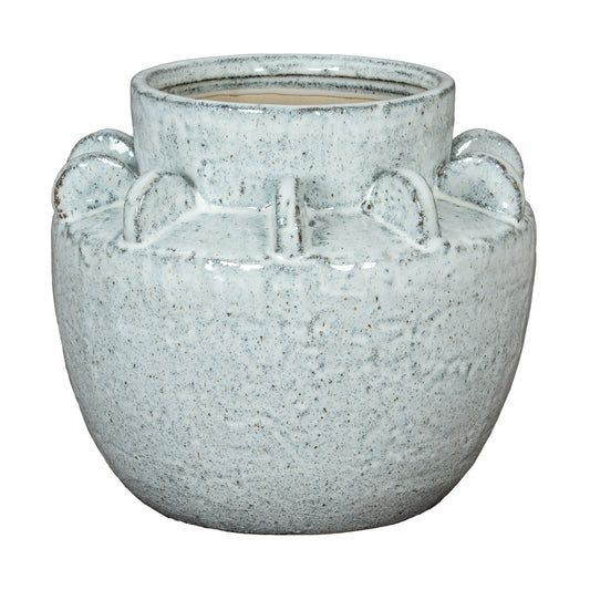 Textured gray ceramic planter with four handles on a white background