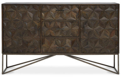 Dark wooden sideboard with geometric pattern and metal legs on a white background
