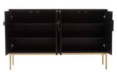 Black sideboard with gold legs on a white background