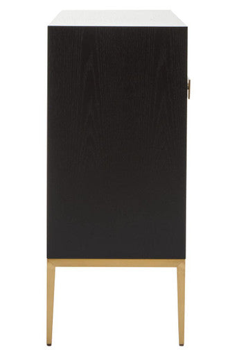 Black cabinet with gold legs on a white background