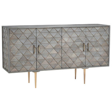 Decorative sideboard with geometric pattern and wooden legs on a white background