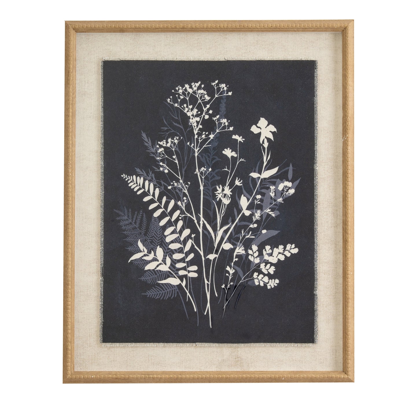 Framed artwork with botanical design on a dark background