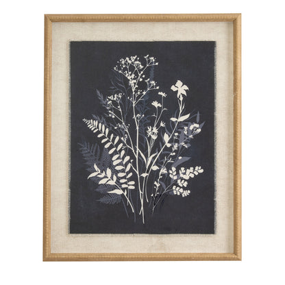 Framed artwork with botanical design on a dark background