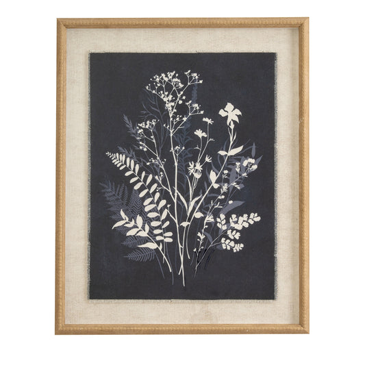 Framed artwork with botanical design on a dark background