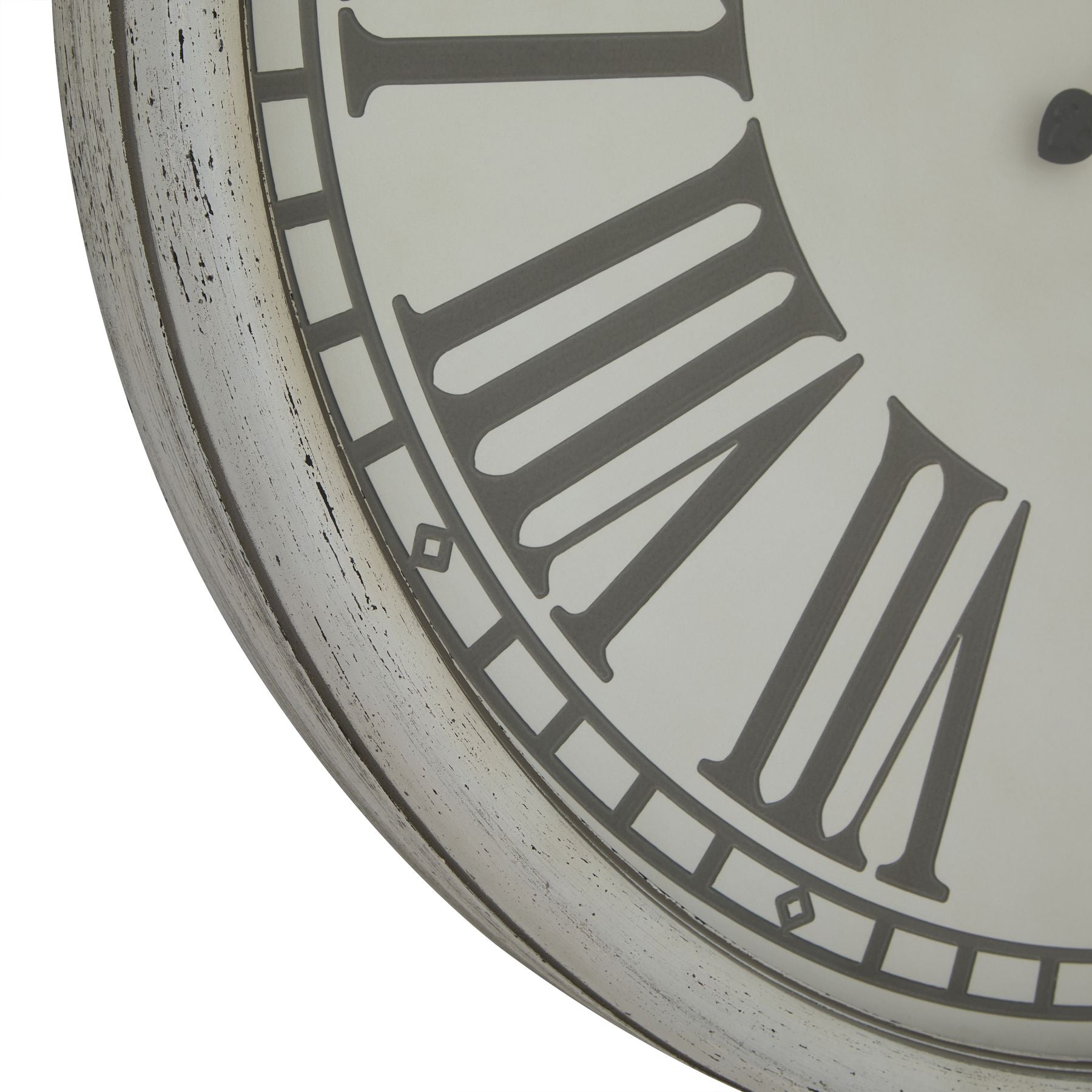 Close-up of a clock face with Roman numerals on a white background