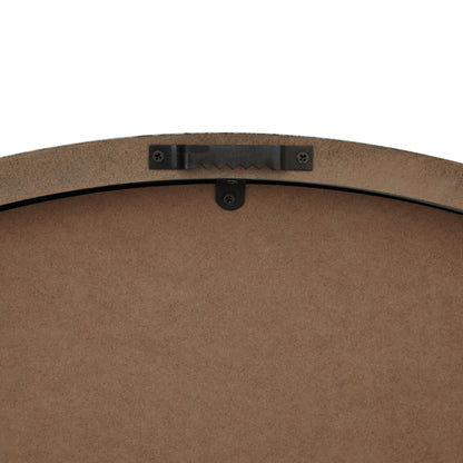 Brown round ottoman with a black handle on a white background