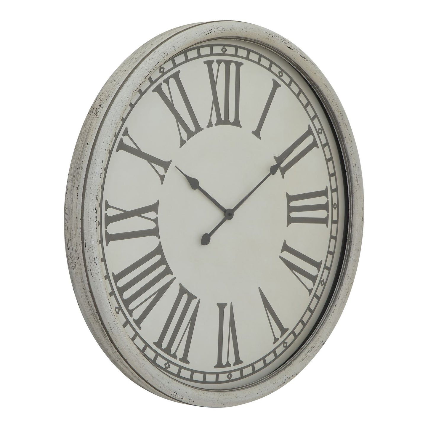 Round wall clock with Roman numeral markers on a white background