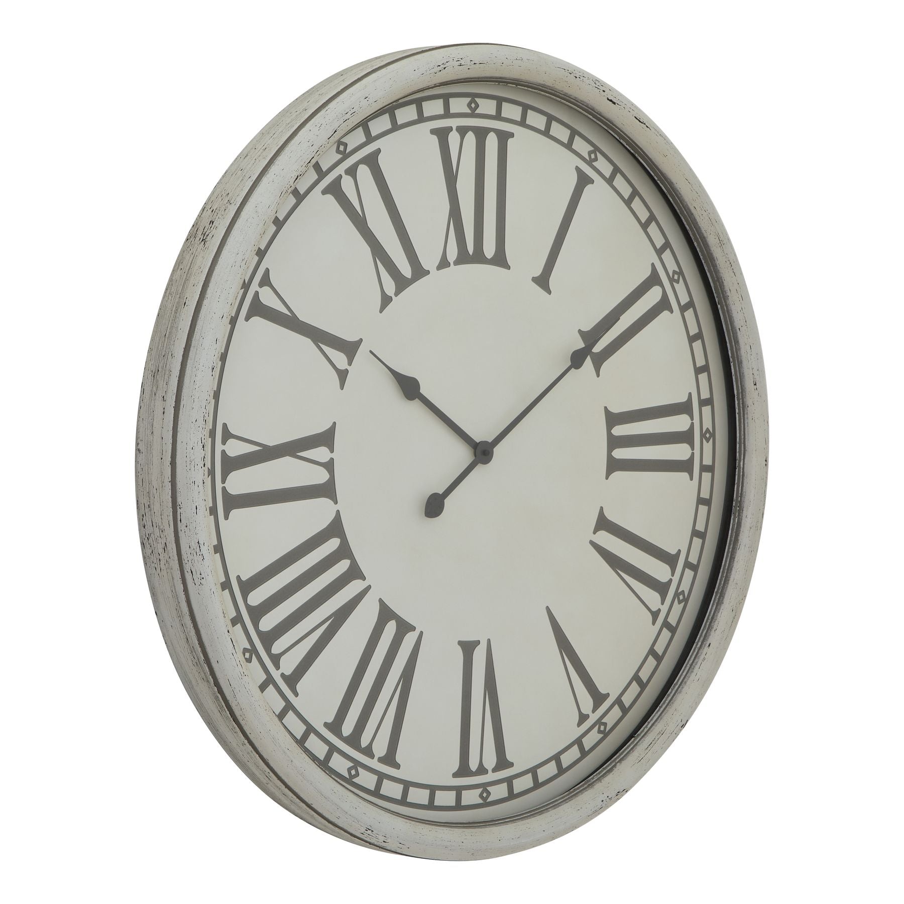 Round wall clock with Roman numeral markers on a white background