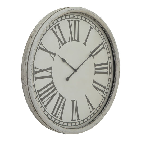 Round wall clock with Roman numeral markers on a white background