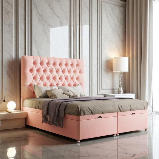 Pink upholstered bed in a stylish bedroom with marble walls and curtains.