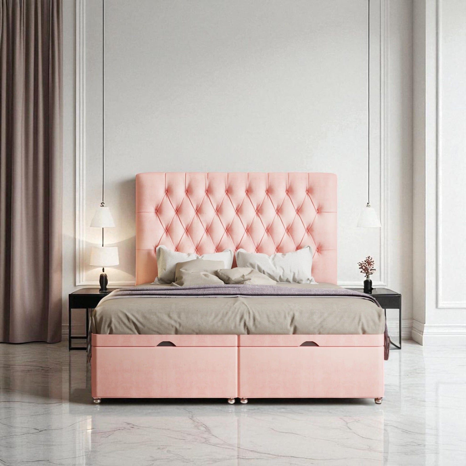 Pink tufted bed with storage drawers in a modern bedroom setting.