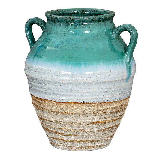 Turquoise ceramic vase with two handles on a white background