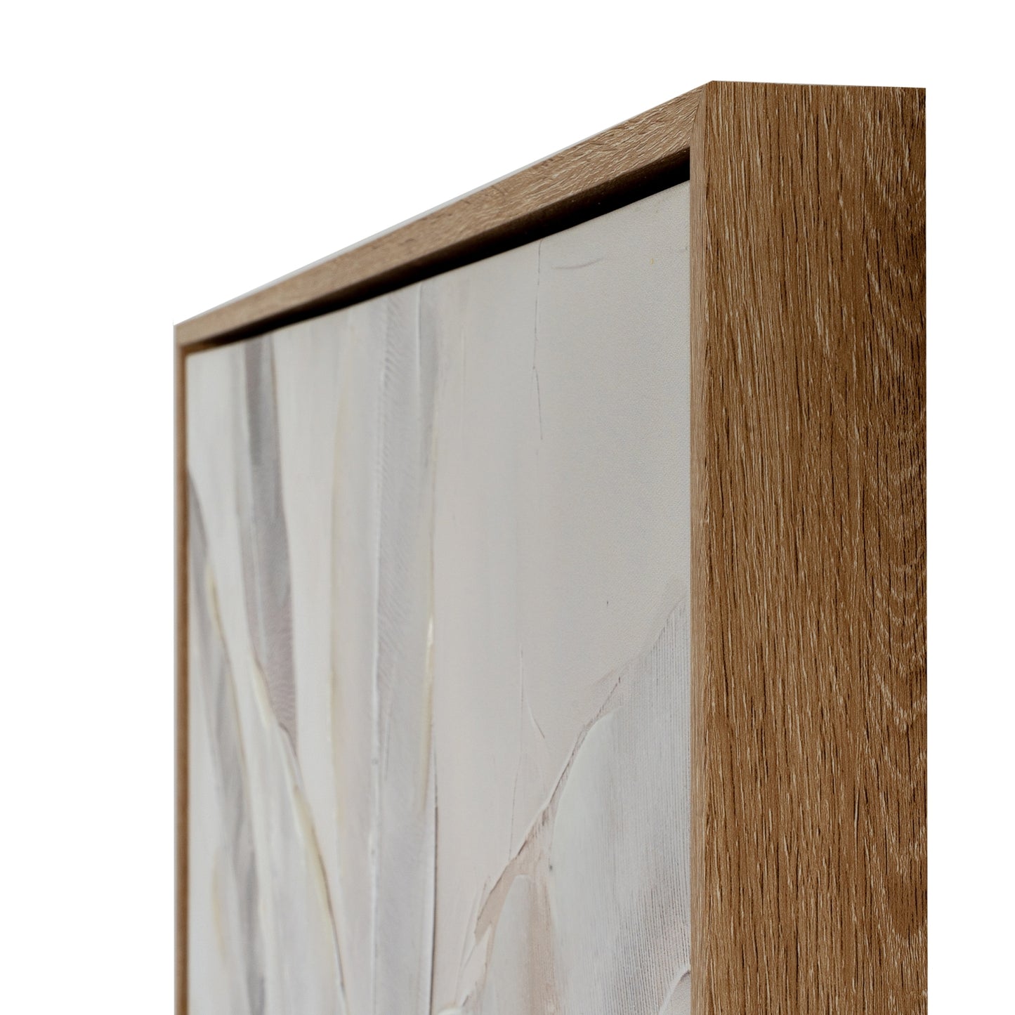 Wooden frame with a glass panel featuring a leaf pattern on a white background