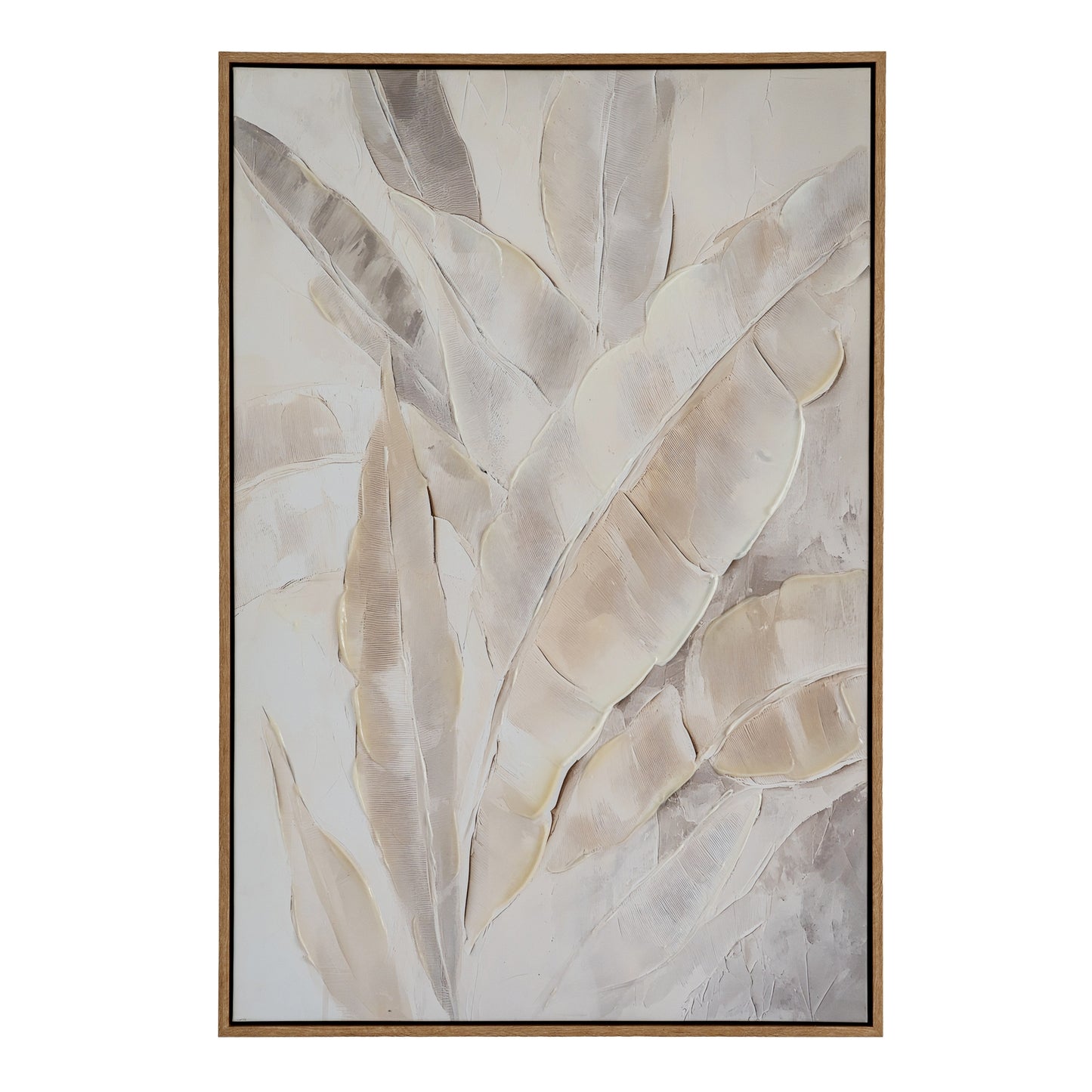 Abstract art piece with beige and brown leaf-like shapes on a light background, framed.