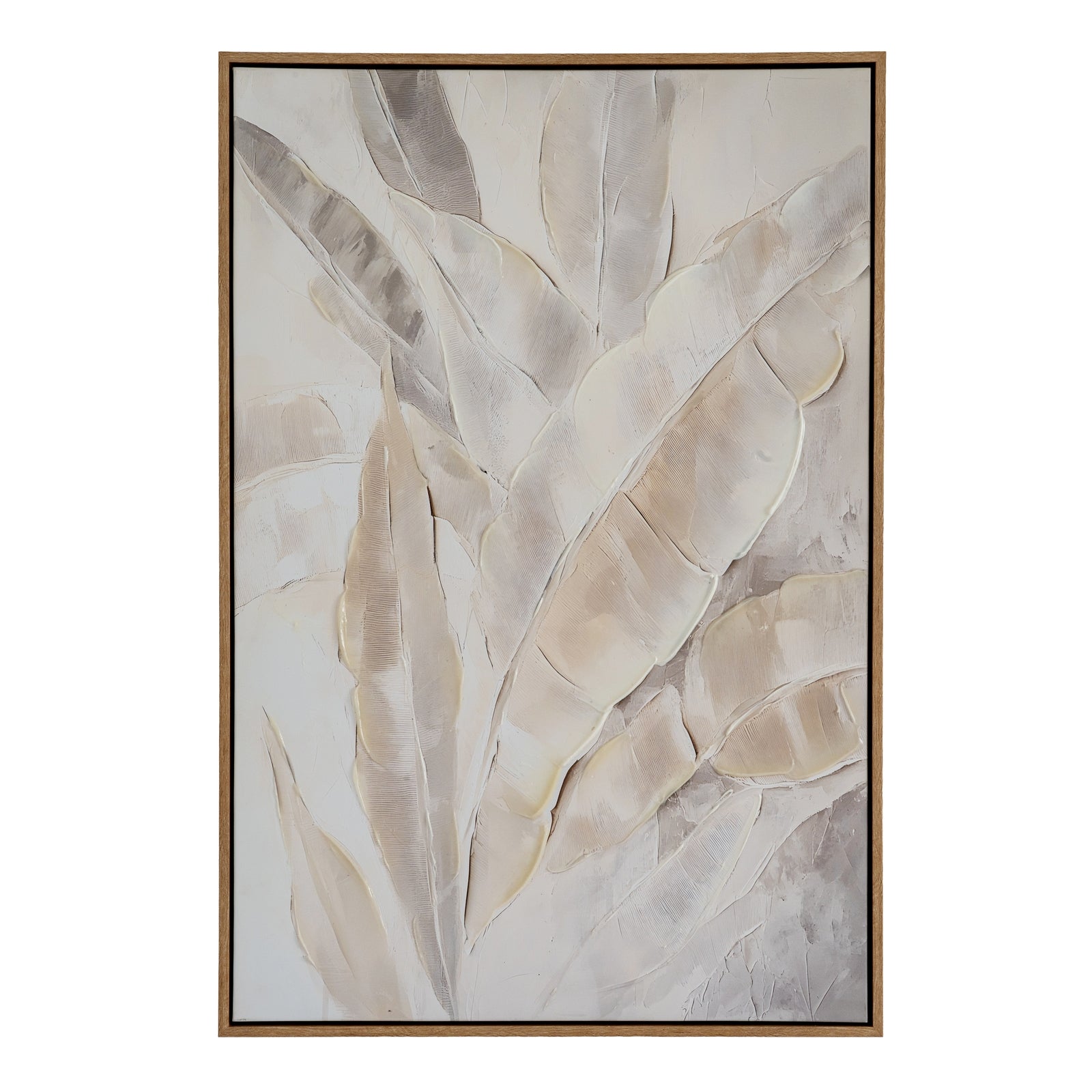 Abstract art piece with beige and brown leaf-like shapes on a light background, framed.