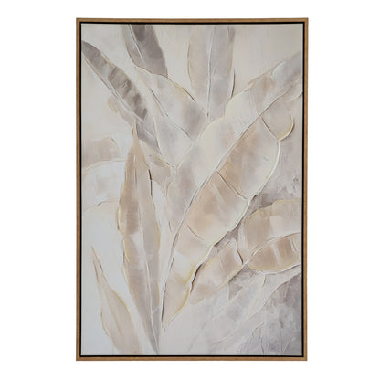 Abstract art piece with beige and brown leaf-like shapes on a light background, framed.