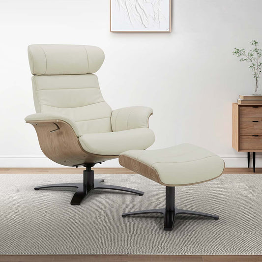 Modern Luxury Gilman Creek Karma Cream Top Grain Leather Swivel Chair with Ottoman