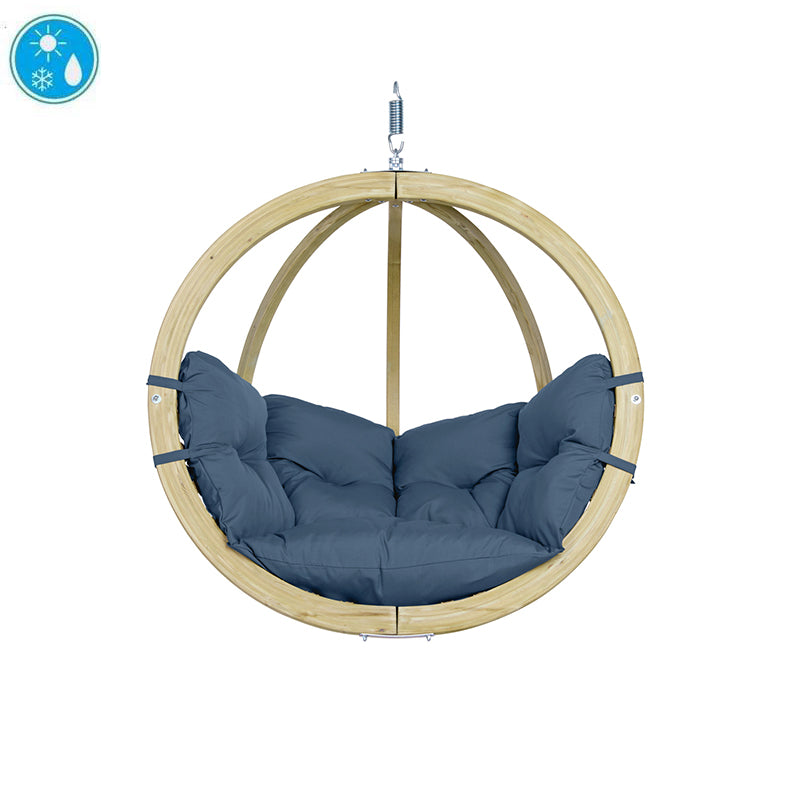 Hanging chair with blue cushion and wooden frame on a white background