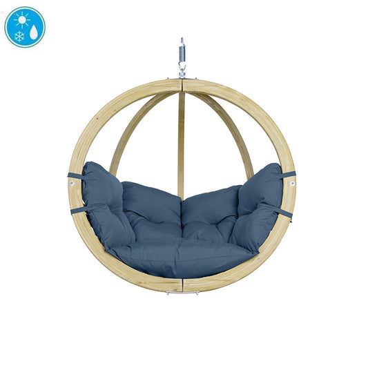 Hanging chair with blue cushion and wooden frame on a white background