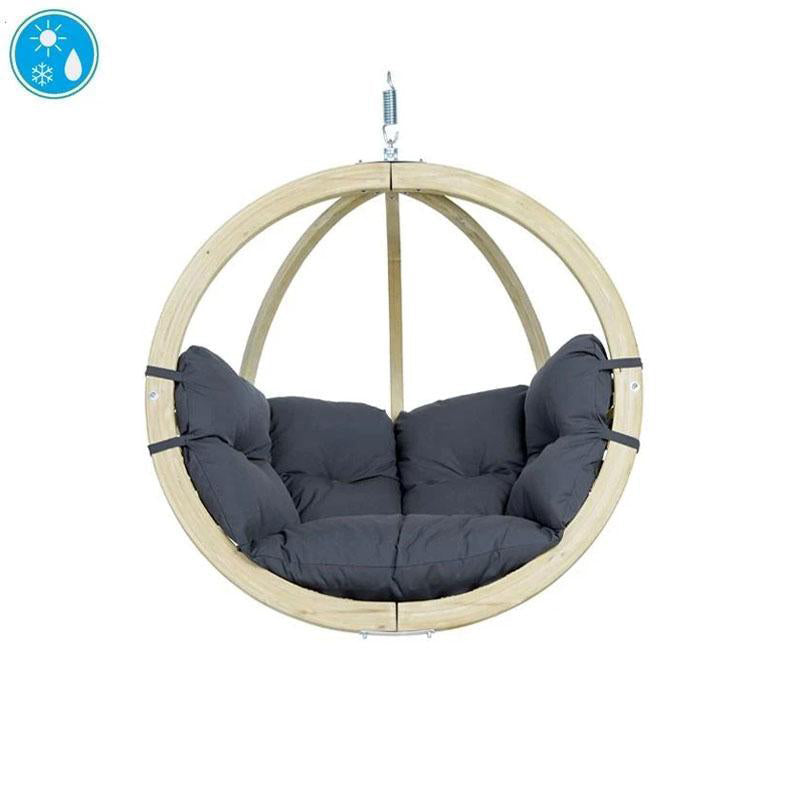 Hanging chair with dark gray cushion and wooden frame on a white background