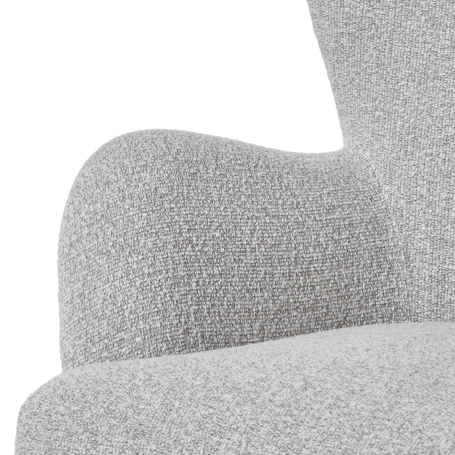 Close-up of a textured gray chair armrest on a white background