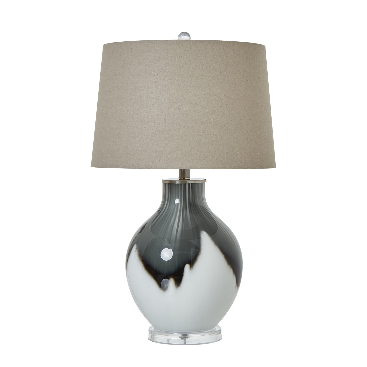 Table lamp with a gray and white base and beige lampshade on a white background