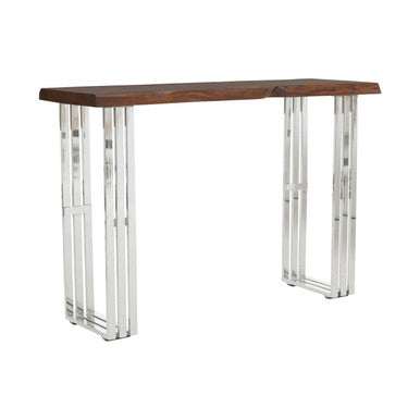 Console table with wooden top and metal frame on a white background