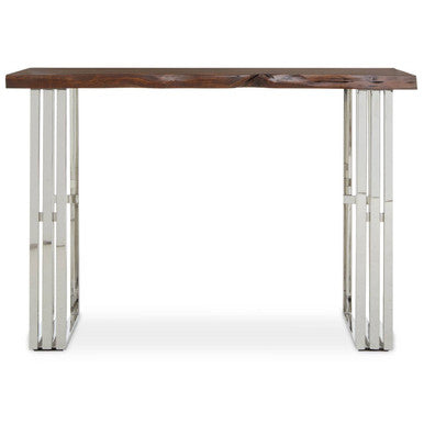 Console table with wooden top and metal legs on a white background