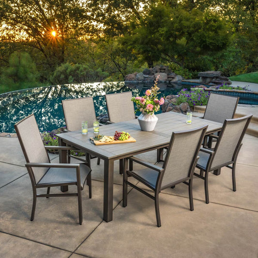 High quality Sunvilla Nichols 7 Piece Sling Dining Patio Set with Faux Wood Table Top + Cover